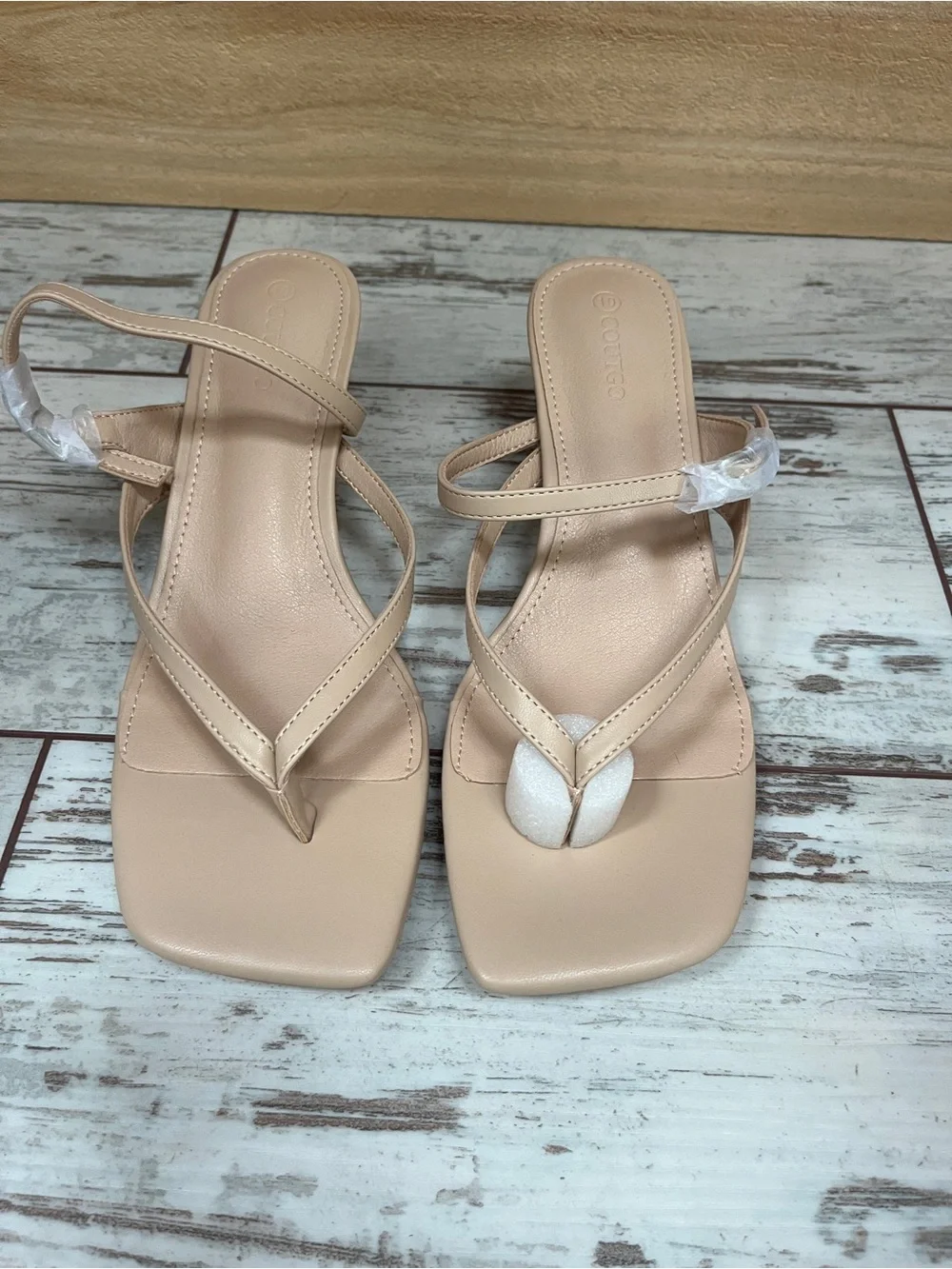 Coutgo  Beige Square Toe Kitten Heel Thong Sandals Strappy 10